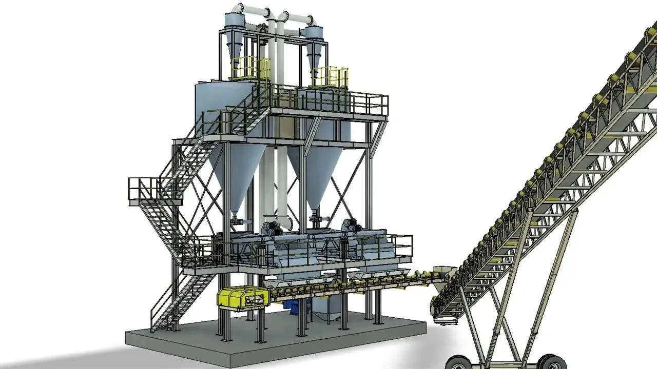 A 3 d rendering of an industrial plant with a conveyor belt.