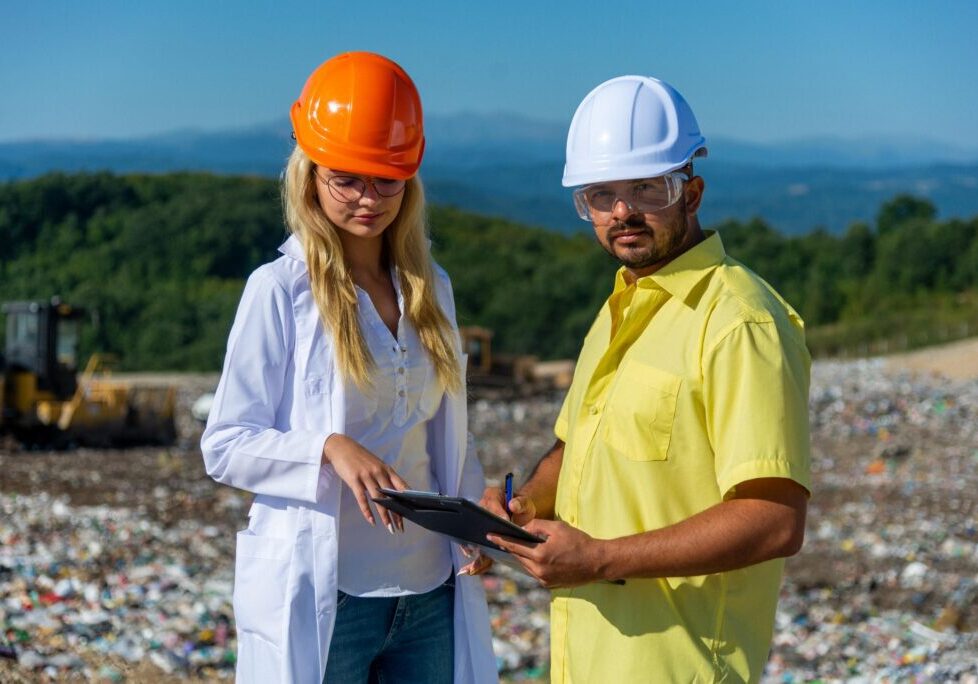 Two people wearing safety helmets and glasses stand at a landfill site. One holds a clipboard, and they both appear to be discussing something.